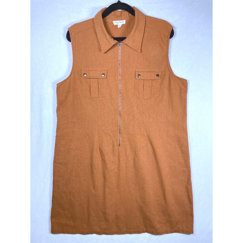 linen blend zip collar shirt dress mini sleeveless XLP rust brown 90s Y2K